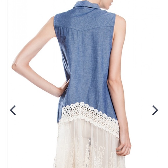 Ryu Chambray Button Front Top Lace Hem - Picture 2 of 8